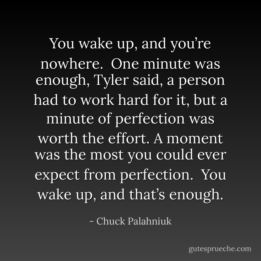 You wake up, and you’re nowhere.<br /><br />One minute was enough, Tyler said, a person had to work hard for it, but a minute of perfection was worth the effort. A moment was the most you could ever expect from perfection.<br /><br />You wake up, and that’s enough. - Chuck Palahniuk