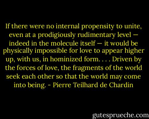 If there were no internal propensity to unite, even at a prodigiously rudimentary level — indeed in the molecule itself — it would be physically impossible for love to appear higher up, with us, in hominized form. . . . Driven by the forces of love, the fragments of the world seek each other so that the world may come into being. - Pierre Teilhard de Chardin