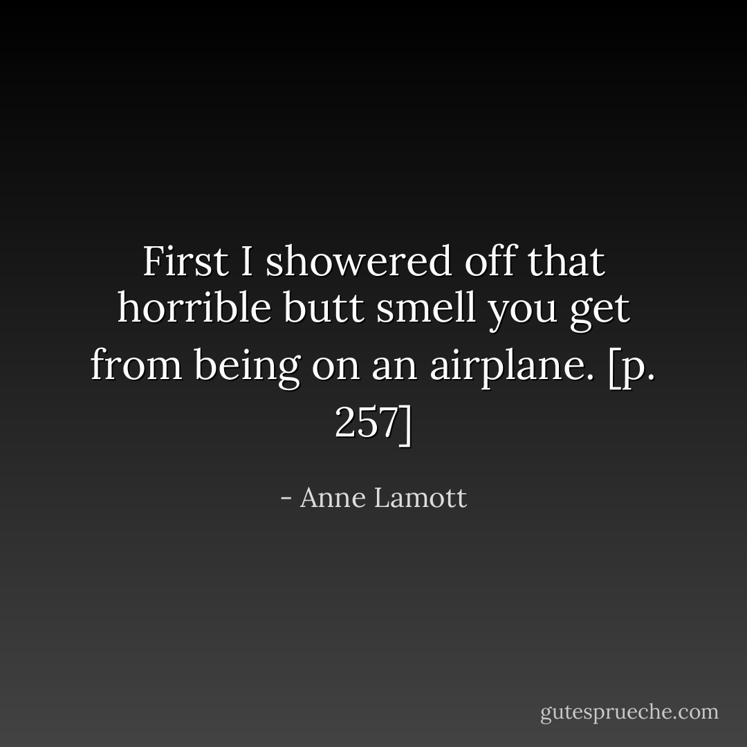 First I showered off that horrible butt smell you get from being on an airplane. [p. 257] - Anne Lamott
