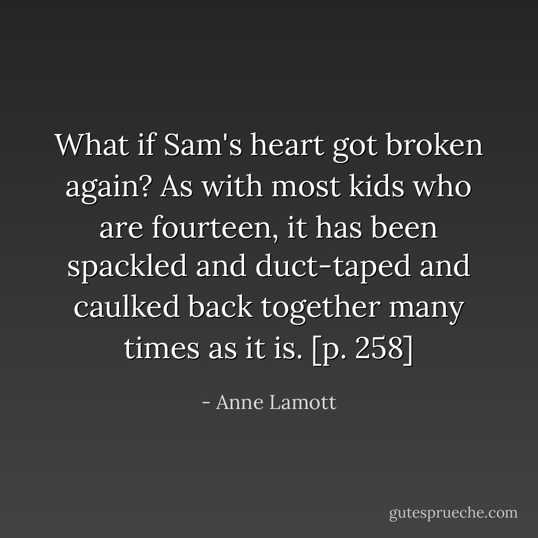 What if Sam's heart got broken again? As with most kids who are fourteen, it has been spackled and duct-taped and caulked back together many times as it is. [p. 258] - Anne Lamott