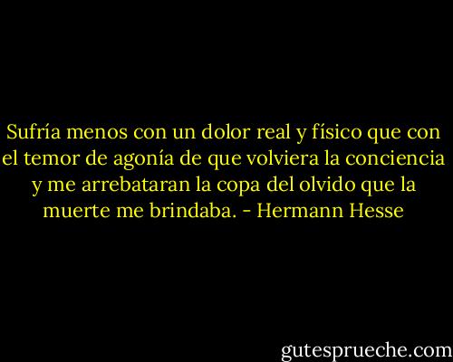 Sufría menos con un dolor real y físico que con el temor de agonía de que volviera la conciencia y me arrebataran la copa del olvido que la muerte me brindaba. - Hermann Hesse