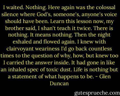 I waited. Nothing. Here again was the colossal silence where God's, someone's, anyone's voice should have been. Learn this lesson now, my brother said, I shan't teach it twice. There is nothing. It means nothing. Then the night exhaled and flowed again. I knew with clairvoyant weariness I'd go back countless times to the question of why, how, but knew too I carried the answer inside. It had gone in like an inhaled spec of toxic dust. Life is nothing but a statement of what happens to be. - Glen Duncan