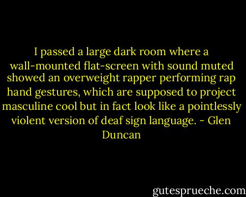 I passed a large dark room where a wall-mounted flat-screen with sound muted showed an overweight rapper performing rap hand gestures, which are supposed to project masculine cool but in fact look like a pointlessly violent version of deaf sign language. - Glen Duncan