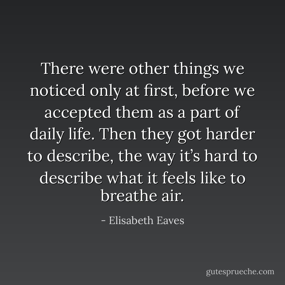 There were other things we noticed only at first, before we accepted them as a part of daily life. Then they got harder to describe, the way it’s hard to describe what it feels like to breathe air. - Elisabeth Eaves