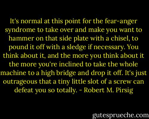 It's normal at this point for the fear-anger syndrome to take over and make you want to hammer on that side plate with a chisel, to pound it off with a sledge if necessary. You think about it, and the more you think about it the more you're inclined to take the whole machine to a high bridge and drop it off. It's just outrageous that a tiny little slot of a screw can defeat you so totally. - Robert M. Pirsig