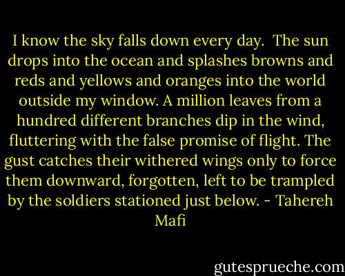 I know the sky falls down every day. <br />The sun drops into the ocean and splashes browns and reds and yellows and oranges into the world outside my window. A million leaves from a hundred different branches dip in the wind, fluttering with the false promise of flight. The gust catches their withered wings only to force them downward, forgotten, left to be trampled by the soldiers stationed just below. - Tahereh Mafi