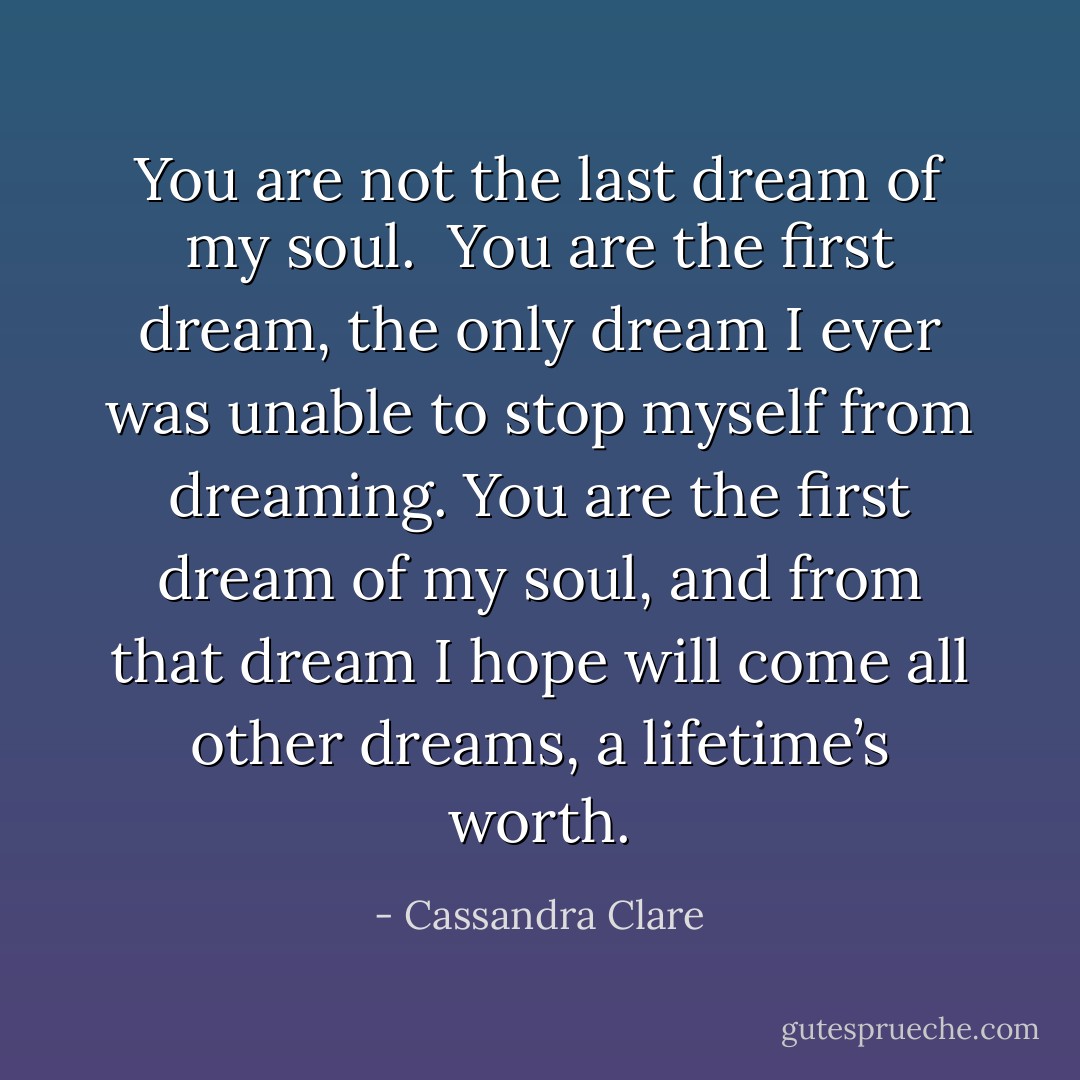 You are not the last dream of my soul.<br /><br />You are the first dream, the only dream I ever was unable to stop myself from dreaming. You are the first dream of my soul, and from that dream I hope will come all other dreams, a lifetime’s worth. - Cassandra Clare