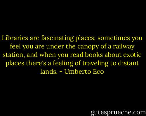 Libraries are fascinating places; sometimes you feel you are under the canopy of a railway station, and when you read books about exotic places there's a feeling of traveling to distant lands. - Umberto Eco