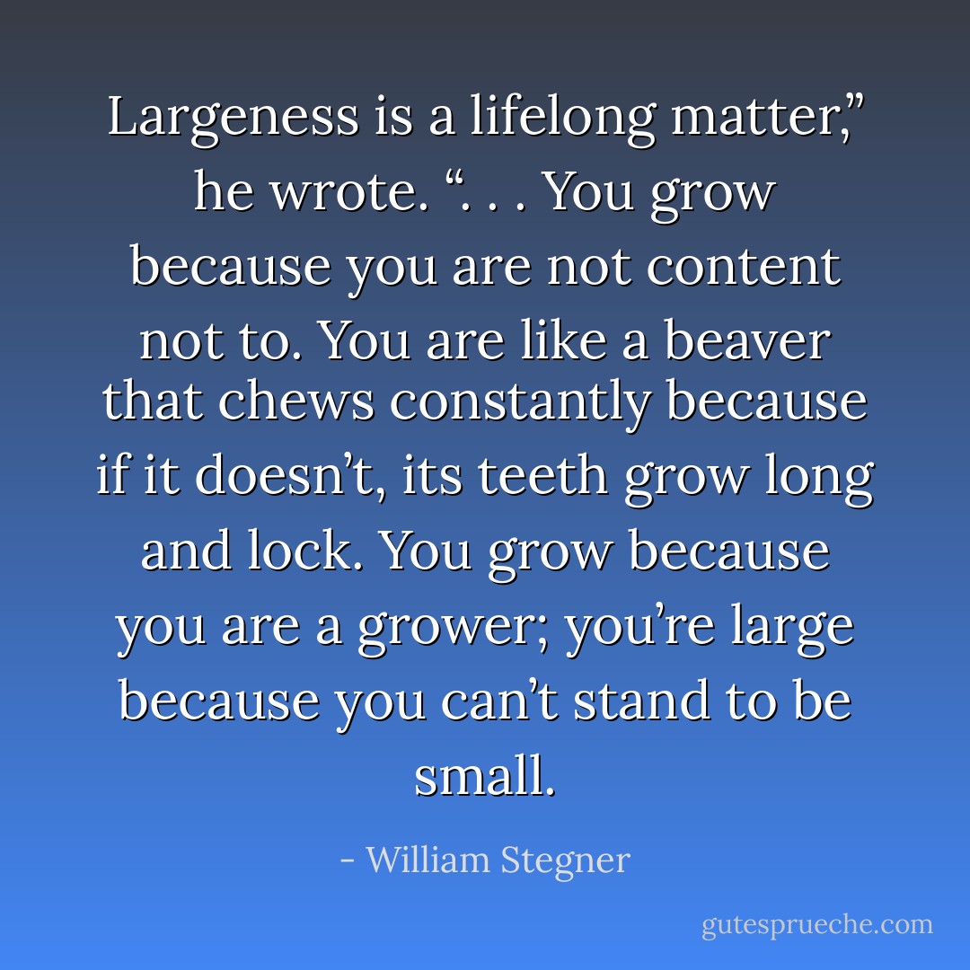 Largeness is a lifelong matter,” he wrote. “. . . You grow because you are not content not to. You are like a beaver that chews constantly because if it doesn’t, its teeth grow long and lock. You grow because you are a grower; you’re large because you can’t stand to be small. - William Stegner