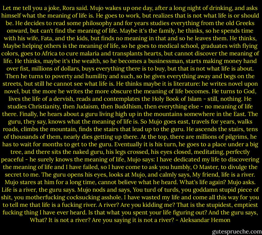 Let me tell you a joke, Rora said.<br />Mujo wakes up one day, after a long night of drinking, and asks himself what the meaning of life is. He goes to work, but realizes that is not what life is or should be. He decides to read some philosophy and for years studies everything from the old Greeks onward, but can't find the meaning of life. Maybe it's the family, he thinks, so he spends time with his wife, Fata, and the kids, but finds no meaning in that and so he leaves them. He thinks, Maybe helping others is the meaning of life, so he goes to medical school, graduates with flying colors, goes to Africa to cure malaria and transplants hearts, but cannot discover the meaning of life. He thinks, maybe it's the wealth, so he becomes a businessman, starts making money hand over fist, millions of dollars, buys everything there is to buy, but that is not what life is about. Then he turns to poverty and humility and such, so he gives everything away and begs on the streets, but still he cannot see what life is. He thinks maybe it is literature: he writes novel upon novel, but the more he writes the more obscure the meaning of life becomes. He turns to God, lives the life of a dervish, reads and contemplates the Holy Book of Islam - still, nothing. He studies Christianity, then Judaism, then Buddhism, then everything else - no meaning of life there. Finally, he hears about a guru living high up in the mountains somewhere in the East. The guru, they say, knows what the meaning of life is. So Mujo goes east, travels for years, walks roads, climbs the mountain, finds the stairs that lead up to the guru. He ascends the stairs, tens of thousands of them, nearly dies getting up there. At the top, there are millions of pilgrims, he has to wait for months to get to the guru. Eventually it is his turn, he goes to a place under a big tree, and there sits the naked guru, his legs crossed, his eyes closed, meditating, perfectly peaceful - he surely knows the meaning of life, Mujo says: I have dedicated my life to discovering the meaning of life and I have failed, so I have come to ask you humbly, O Master, to divulge the secret to me. The guru opens his eyes, looks at Mujo, and calmly says, My friend, life is a river. Mujo stares at him for a long time, cannot believe what he heard. What's life again? Mujo asks. Life is a river, the guru says. Mujo nods and says, You turd of turds, you goddamn stupid piece of shit, you motherfucking cocksucking asshole. I have wasted my life and come all this way for you to tell me that life is a fucking river. A river? Are you kidding me? That is the stupidest, emptiest fucking thing I have ever heard. Is that what you spent your life figuring out? And the guru says, What? It is not a river? Are you saying it is not a river? - Aleksandar Hemon