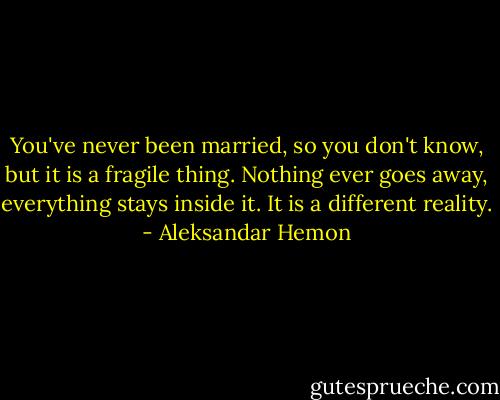 You've never been married, so you don't know, but it is a fragile thing. Nothing ever goes away, everything stays inside it. It is a different reality. - Aleksandar Hemon