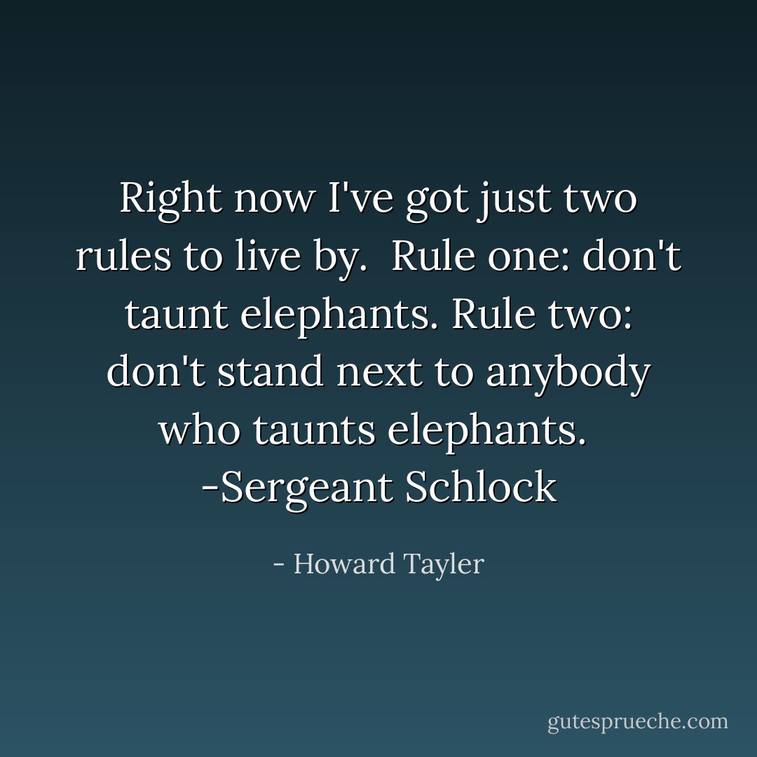 Right now I've got just two rules to live by.<br /><br />Rule one: don't taunt elephants.<br />Rule two: don't stand next to anybody who taunts elephants.<br /><br />-Sergeant Schlock - Howard Tayler
