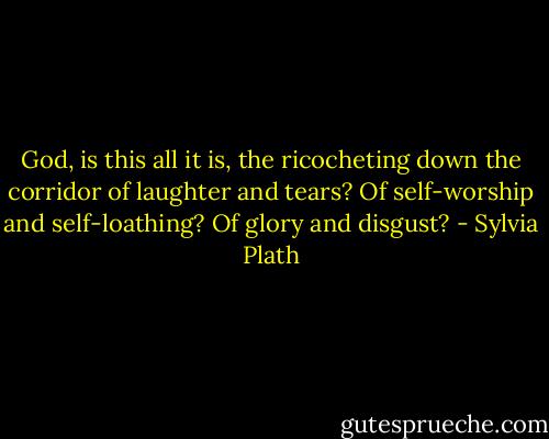 God, is this all it is, the ricocheting down the corridor of laughter and tears? Of self-worship and self-loathing? Of glory and disgust? - Sylvia Plath