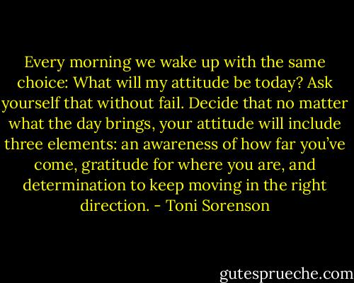 Every morning we wake up with the same choice: What will my attitude be today? Ask yourself that without fail. Decide that no matter what the day brings, your attitude will include three elements: an awareness of how far you’ve come, gratitude for where you are, and determination to keep moving in the right direction. - Toni Sorenson