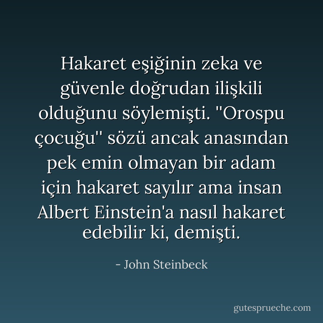 Hakaret eşiğinin zeka ve güvenle doğrudan ilişkili olduğunu söylemişti. ''Orospu çocuğu'' sözü ancak anasından pek emin olmayan bir adam için hakaret sayılır ama insan Albert Einstein'a nasıl hakaret edebilir ki, demişti. - John Steinbeck