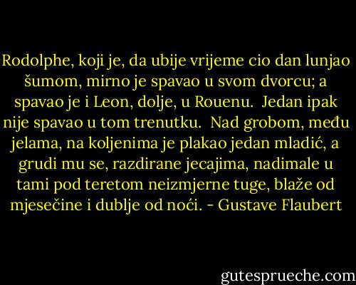 Rodolphe, koji je, da ubije vrijeme cio dan lunjao šumom, mirno je spavao u svom dvorcu; a spavao je i Leon, dolje, u Rouenu. <br />Jedan ipak nije spavao u tom trenutku. <br />Nad grobom, među jelama, na koljenima je plakao jedan mladić, a grudi mu se, razdirane jecajima, nadimale u tami pod teretom neizmjerne tuge, blaže od mjesečine i dublje od noći. - Gustave Flaubert