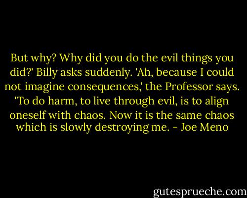 But why? Why did you do the evil things you did?' Billy asks suddenly.<br />'Ah, because I could not imagine consequences,' the Professor says. 'To do harm, to live through evil, is to align oneself with chaos. Now it is the same chaos which is slowly destroying me. - Joe Meno