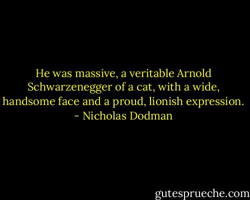 He was massive, a veritable Arnold Schwarzenegger of a cat, with a wide, handsome face and a proud, lionish expression. - Nicholas Dodman