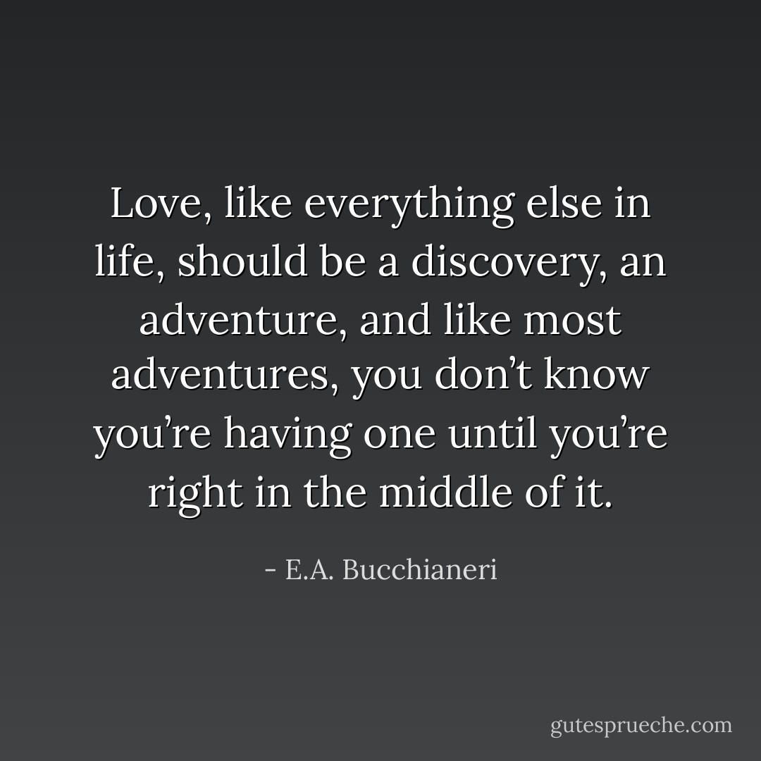Love, like everything else in life, should be a discovery, an adventure, and like most adventures, you don’t know you’re having one until you’re right in the middle of it. - E.A. Bucchianeri