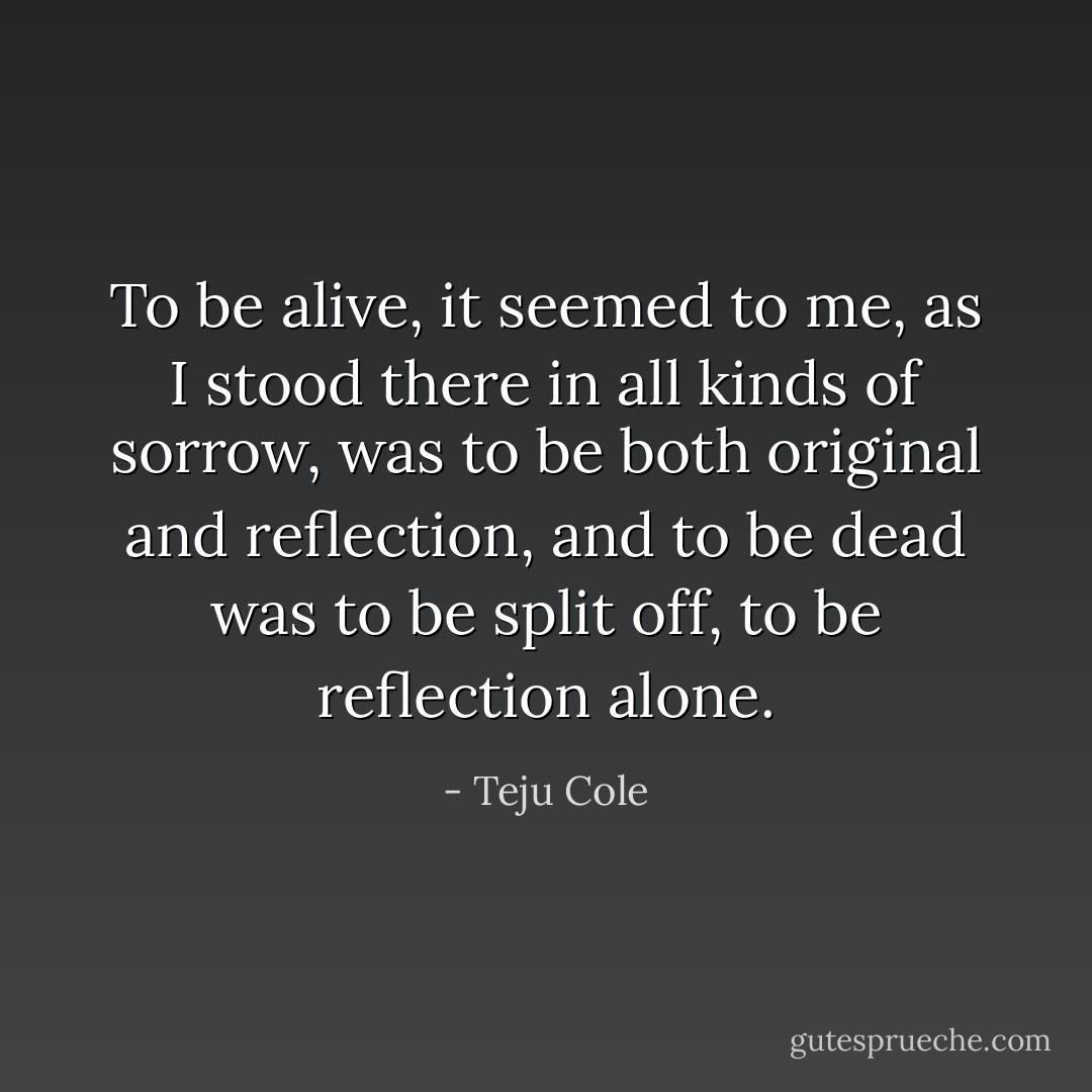 To be alive, it seemed to me, as I stood there in all kinds of sorrow, was to be both original and reflection, and to be dead was to be split off, to be reflection alone. - Teju Cole
