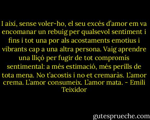 I així, sense voler-ho, el seu excés d’amor em va encomanar un rebuig per qualsevol sentiment i fins i tot una por als acostaments emotius i vibrants cap a una altra persona. Vaig aprendre una lliçó per fugir de tot compromís sentimental: a més estimació, més perills de tota mena. No t’acostis i no et cremaràs. L’amor crema. L’amor consumeix. L’amor mata. - Emili Teixidor