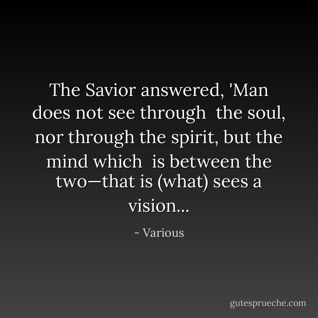 The Savior answered, 'Man does not see through <br />the soul, nor through the spirit, but the mind which <br />is between the two—that is (what) sees a vision... - Various