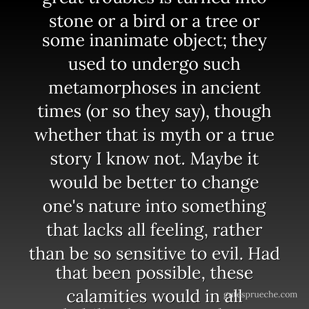 It is extraordinary that nobody nowadays under the stress of great troubles is turned into stone or a bird or a tree or some inanimate object; they used to undergo such metamorphoses in ancient times (or so they say), though whether that is myth or a true story I know not. Maybe it would be better to change one's nature into something that lacks all feeling, rather than be so sensitive to evil. Had that been possible, these calamities would in all probability have turned me to stone. - Anna Comnena