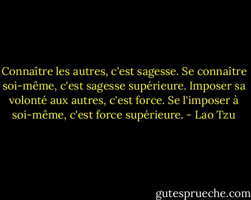 Connaître les autres, c'est sagesse.<br />Se connaître soi-même, c'est sagesse supérieure.<br />Imposer sa volonté aux autres, c'est force.<br />Se l'imposer à soi-même, c'est force supérieure. - Lao Tzu