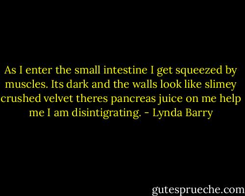 As I enter the small intestine I get squeezed by muscles. Its dark and the walls look like slimey crushed velvet theres pancreas juice on me help me I am disintigrating. - Lynda Barry