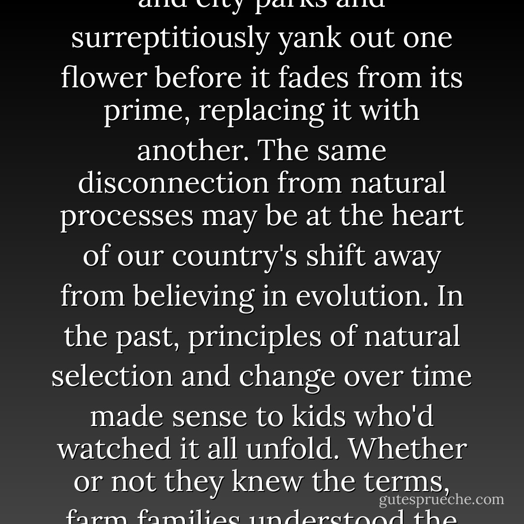 Many bright people are really in the dark about vegetable life. Biology teachers face kids in classrooms who may not even believe in the metamorphosis of bud to flower to fruit and seed, but rather, some continuum of pansies becoming petunias becoming chrysanthemums; that's the only reality they witness as landscapers come to campuses and city parks and surreptitiously yank out one flower before it fades from its prime, replacing it with another. The same disconnection from natural processes may be at the heart of our country's shift away from believing in evolution. In the past, principles of natural selection and change over time made sense to kids who'd watched it all unfold. Whether or not they knew the terms, farm families understood the processes well enough to imitate them: culling, selecting, and improving their herds and crops. For modern kids who intuitively believe in the spontaneous generation of fruits and vegetables in the produce section, trying to get their minds around the slow speciation of the plant kingdom may be a stretch. - Barbara Kingsolver