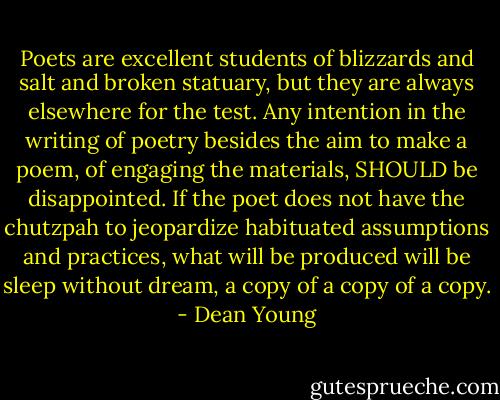 Poets are excellent students of blizzards and salt and broken statuary, but they are always elsewhere for the test. Any intention in the writing of poetry besides the aim to make a poem, of engaging the materials, SHOULD be disappointed. If the poet does not have the chutzpah to jeopardize habituated assumptions and practices, what will be produced will be sleep without dream, a copy of a copy of a copy. - Dean Young
