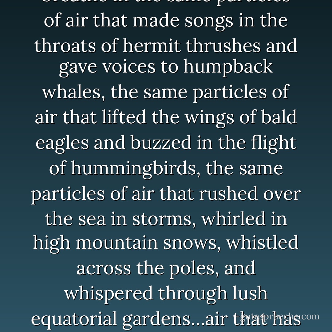 I breathe in the soft, saturated exhalations of cedar trees and salmonberry bushes, fireweed and wood fern, marsh hawks and meadow voles, marten and harbor seal and blacktail deer. I breathe in the same particles of air that made songs in the throats of hermit thrushes and gave voices to humpback whales, the same particles of air that lifted the wings of bald eagles and buzzed in the flight of hummingbirds, the same particles of air that rushed over the sea in storms, whirled in high mountain snows, whistled across the poles, and whispered through lush equatorial gardens…air that has passed continually through life on earth. I breathe it in, pass it on, share it in equal measure with billions of other living things, endlessly, infinitely. - Richard Nelson