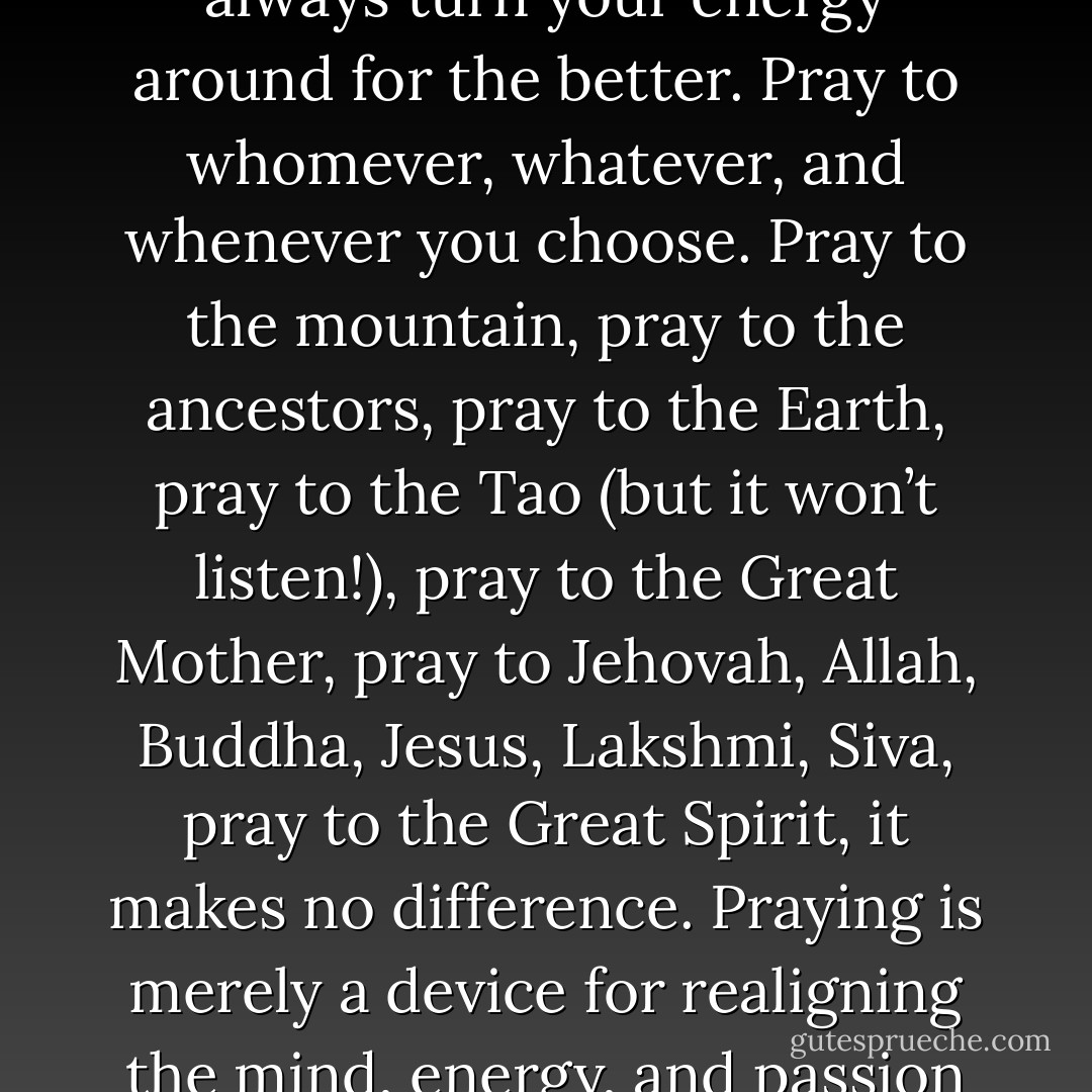 When you find yourself in one of those mystical/devotional frames of mind or in am emergency and you feel you want to pray, then pray. Don’t ever be ashamed to pray or feel prevented by thinking yourself unworthy in any way. Fact is whatever terrible thing you may have done, praying will always turn your energy around for the better.<br />Pray to whomever, whatever, and whenever you choose. Pray to the mountain, pray to the ancestors, pray to the Earth, pray to the Tao (but it won’t listen!), pray to the Great Mother, pray to Jehovah, Allah, Buddha, Jesus, Lakshmi, Siva, pray to the Great Spirit, it makes no difference. Praying is merely a device for realigning the mind, energy, and passion of your local self with the mind, energy and passion of your universal self. When you pray, you are praying to the god or goddess within you. This has an effect on your energy field, which in turn translates into a positive charge that makes something good happen. - Stephen Russell