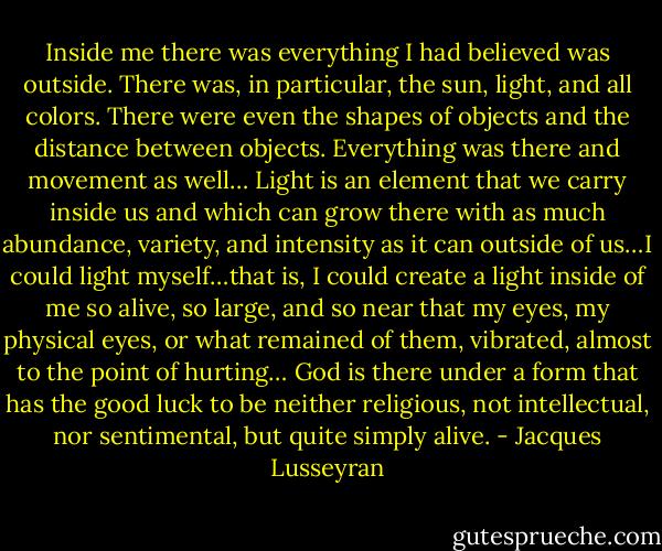 Inside me there was everything I had believed was outside. There was, in particular, the sun, light, and all colors. There were even the shapes of objects and the distance between objects. Everything was there and movement as well… Light is an element that we carry inside us and which can grow there with as much abundance, variety, and intensity as it can outside of us…I could light myself…that is, I could create a light inside of me so alive, so large, and so near that my eyes, my physical eyes, or what remained of them, vibrated, almost to the point of hurting… God is there under a form that has the good luck to be neither religious, not intellectual, nor sentimental, but quite simply alive. - Jacques Lusseyran