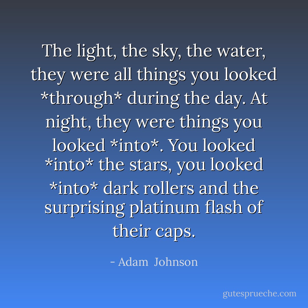 The light, the sky, the water, they were all things you looked *through* during the day. At night, they were things you looked *into*. You looked *into* the stars, you looked *into* dark rollers and the surprising platinum flash of their caps. - Adam  Johnson