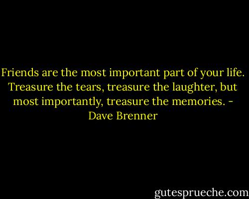Friends are the most important part of your life. Treasure the tears, treasure the laughter, but most importantly, treasure the memories. - Dave Brenner