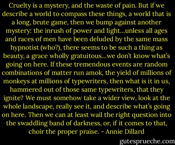 Cruelty is a mystery, and the waste of pain. But if we describe a world to compass these things, a world that is a long, brute game, then we bump against another mystery: the inrush of power and light…unless all ages and races of men have been deluded by the same mass hypnotist (who?), there seems to be such a thing as beauty, a grace wholly gratuitous…we don’t know what’s going on here. If these tremendous events are random combinations of matter run amok, the yield of millions of monkeys at millions of typewriters, then what is it in us, hammered out of those same typewriters, that they ignite? We must somehow take a wider view, look at the whole landscape, really see it, and describe what’s going on here. Then we can at least wail the right question into the swaddling band of darkness, or, if it comes to that, choir the proper praise. - Annie Dillard