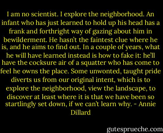 I am no scientist. I explore the neighborhood. An infant who has just learned to hold up his head has a frank and forthright way of gazing about him in bewilderment. He hasn’t the faintest clue where he is, and he aims to find out. In a couple of years, what he will have learned instead is how to fake it: he’ll have the cocksure air of a squatter who has come to feel he owns the place. Some unwonted, taught pride diverts us from our original intent, which is to explore the neighborhood, view the landscape, to discover at least where it is that we have been so startlingly set down, if we can’t learn why. - Annie Dillard