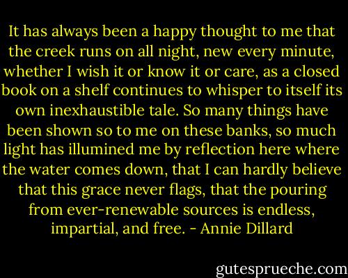 It has always been a happy thought to me that the creek runs on all night, new every minute, whether I wish it or know it or care, as a closed book on a shelf continues to whisper to itself its own inexhaustible tale. So many things have been shown so to me on these banks, so much light has illumined me by reflection here where the water comes down, that I can hardly believe that this grace never flags, that the pouring from ever-renewable sources is endless, impartial, and free. - Annie Dillard