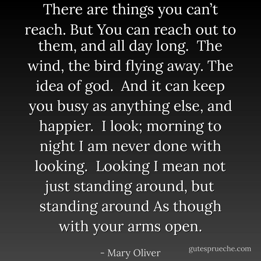 There are things you can’t reach. But<br />You can reach out to them, and all day long.<br /><br />The wind, the bird flying away. The idea of god.<br /><br />And it can keep you busy as anything else, and happier.<br /><br />I look; morning to night I am never done with looking.<br /><br />Looking I mean not just standing around, but standing around<br />As though with your arms open. - Mary Oliver