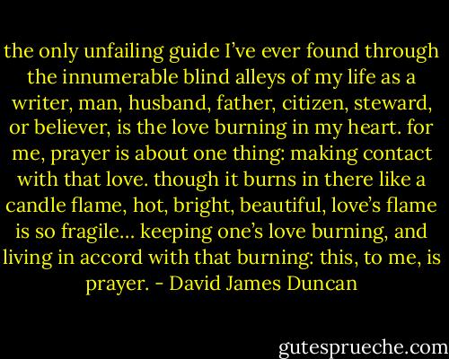 the only unfailing guide I’ve ever found through the innumerable blind alleys of my life as a writer, man, husband, father, citizen, steward, or believer, is the love burning in my heart. for me, prayer is about one thing: making contact with that love. though it burns in there like a candle flame, hot, bright, beautiful, love’s flame is so fragile… keeping one’s love burning, and living in accord with that burning: this, to me, is prayer. - David James Duncan