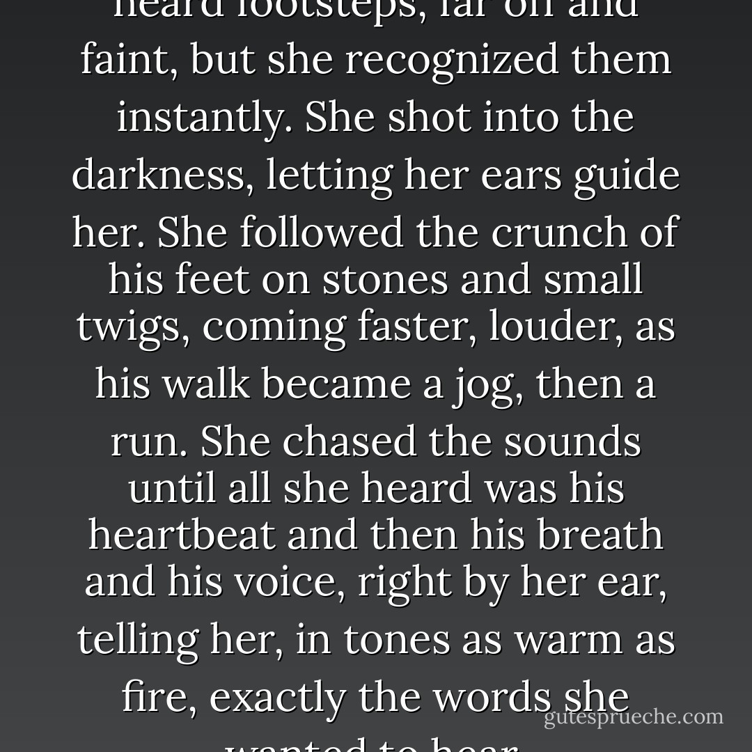 In the sounds of the night Aria heard footsteps, far off and faint, but she recognized them instantly.<br />She shot into the darkness, letting her ears guide her. She followed the crunch of his feet on stones and small twigs, coming faster, louder, as his walk became a jog, then a run. She chased the sounds until all she heard was his heartbeat and then his breath and his voice, right by her ear, telling her, in tones as warm as fire, exactly the words she wanted to hear. - Veronica Rossi