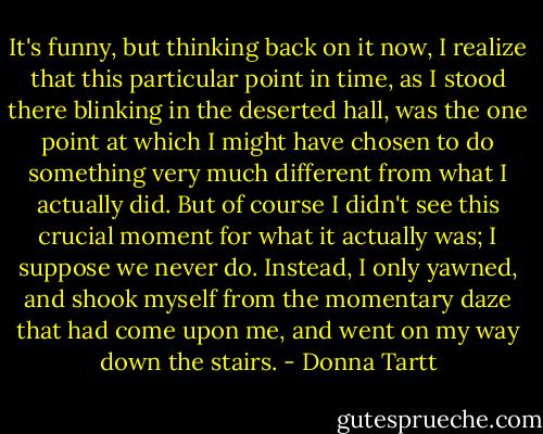 It's funny, but thinking back on it now, I realize that this particular point in time, as I stood there blinking in the deserted hall, was the one point at which I might have chosen to do something very much different from what I actually did. But of course I didn't see this crucial moment for what it actually was; I suppose we never do. Instead, I only yawned, and shook myself from the momentary daze that had come upon me, and went on my way down the stairs. - Donna Tartt