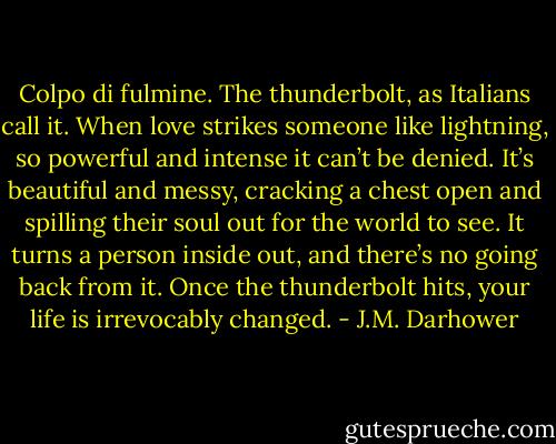 Colpo di fulmine. The thunderbolt, as Italians call it. When love strikes someone like lightning, so powerful and intense it can’t be denied. It’s beautiful and messy,<br />cracking a chest open and spilling their soul out for the world to see. It turns a person inside out, and there’s no going back from it. Once the thunderbolt hits, your life is<br />irrevocably changed. - J.M. Darhower