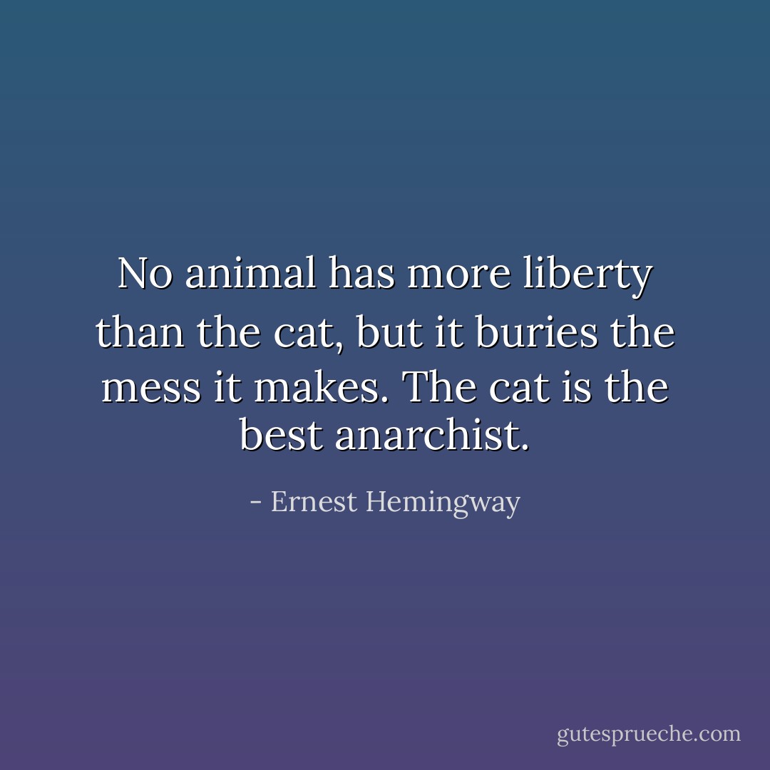 No animal has more liberty than the cat, but it buries the mess it makes. The cat is the best anarchist. - Ernest Hemingway