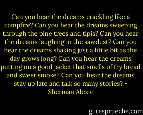 Can you hear the dreams crackling like a campfire? Can you hear the dreams sweeping through the pine trees and tipis? Can you hear the dreams laughing in the sawdust? Can you hear the dreams shaking just a little bit as the day grows long? Can you hear the dreams putting on a good jacket that smells of fry bread and sweet smoke? Can you hear the dreams stay up late and talk so many stories? - Sherman Alexie