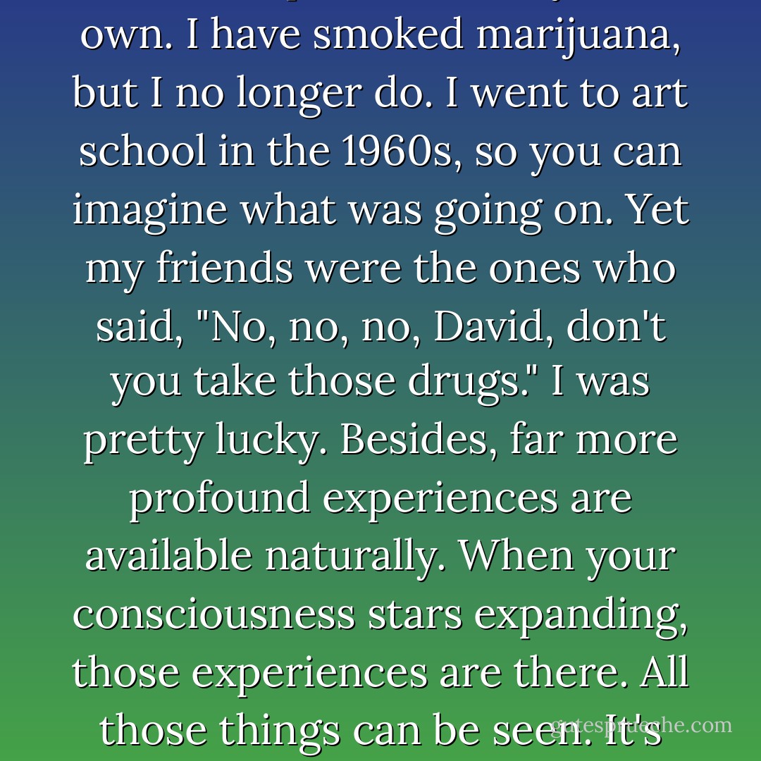 We all want expanded consciousness and bliss. It's a natural, human desire. And a lot of people look for it in drugs. But the problem is that the body, the physiology, takes a hard hit on drugs. Drugs injure the nervous system, so they just make it harder to get those experiences on your own.<br />I have smoked marijuana, but I no longer do. I went to art school in the 1960s, so you can imagine what was going on. Yet my friends were the ones who said, "No, no, no, David, don't you take those drugs." I was pretty lucky.<br />Besides, far more profound experiences are available naturally. When your consciousness stars expanding, those experiences are there. All those things can be seen. It's just a matter of expanding that ball of consciousness. And the ball of consciousness can expand to be infinite and unbounded. It's totality. You can have totality. So all those experiences are there for you, without the side effects of drugs. - David Lynch