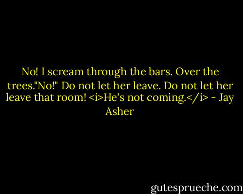 No!<br />I scream through the bars. Over the trees."No!"<br />Do not let her leave.<br />Do not let her leave that room!<br /><i>He's not coming.</i> - Jay Asher