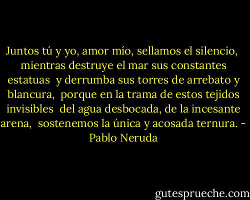 Juntos tú y yo, amor mío, sellamos el silencio, <br />mientras destruye el mar sus constantes estatuas <br />y derrumba sus torres de arrebato y blancura,<br /><br />porque en la trama de estos tejidos invisibles <br />del agua desbocada, de la incesante arena, <br />sostenemos la única y acosada ternura. - Pablo Neruda