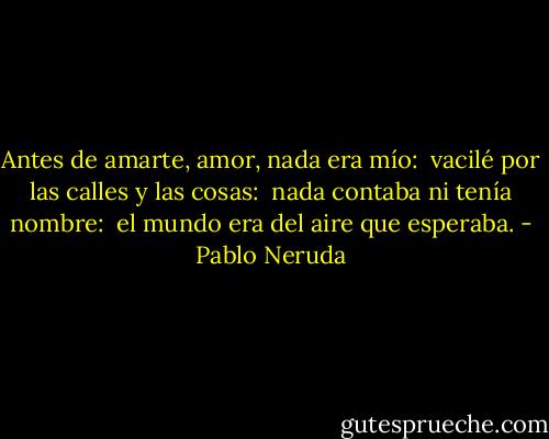 Antes de amarte, amor, nada era mío: <br />vacilé por las calles y las cosas: <br />nada contaba ni tenía nombre: <br />el mundo era del aire que esperaba. - Pablo Neruda